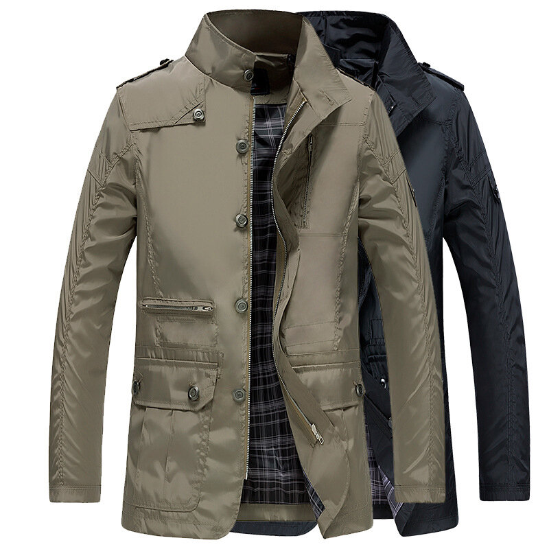Mens Water Repellent Windproof Stand Collar Jacket Solid Color Trench ...