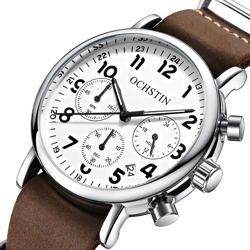 OCHSTIN GQ081A Chronograph Casual Style Men Wrist Watch Genuine Leather Band Quartz Watch