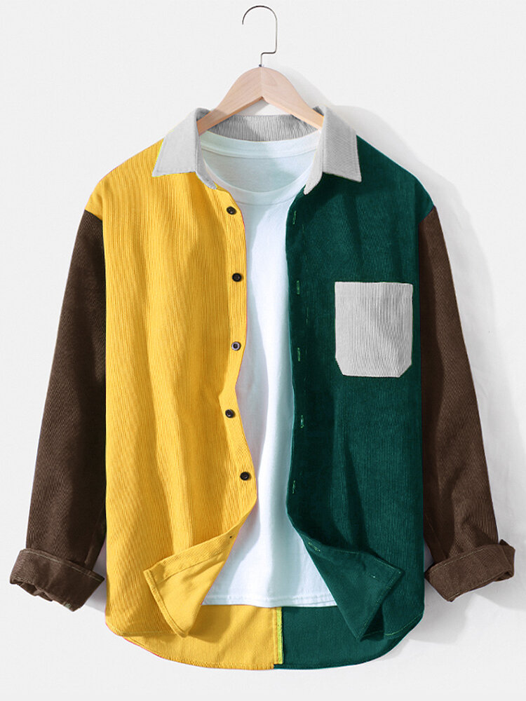 

Mens Corduroy Colorblock Patchwork Loose Chest Pocket Long Sleeve Shirts