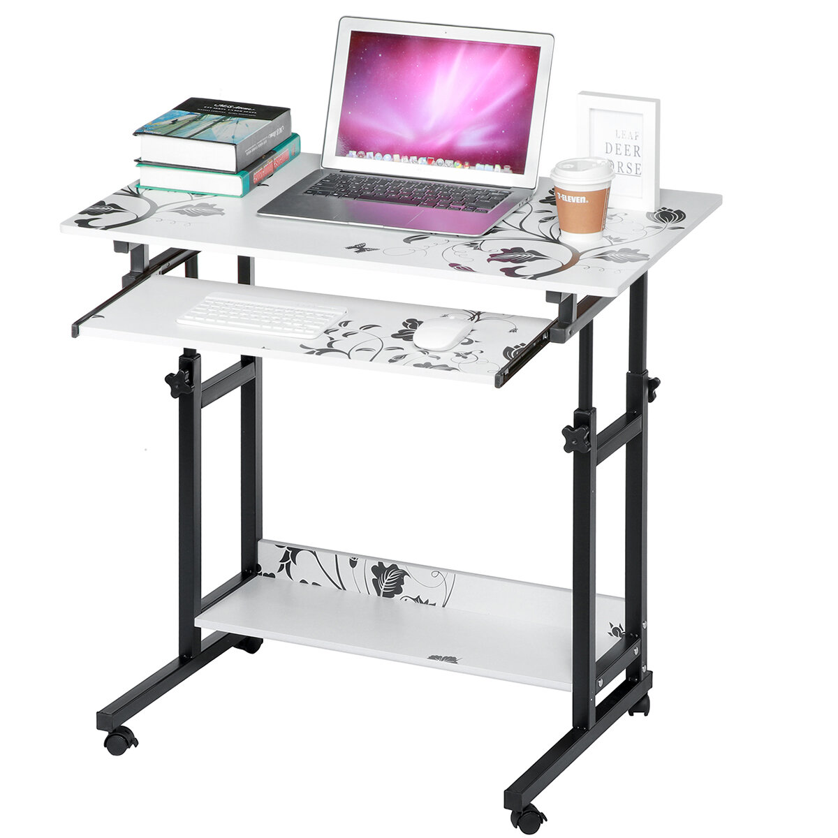 2 Layers Mobile Laptop Desk Cart Rolling Notebook Computer Stand Height Adjustable Bedside Table with Keyboard Tray Whee