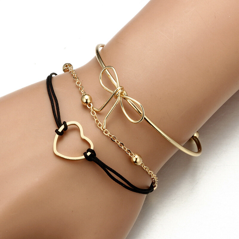 

3Pcs Designer Bracelet Sets Bowknot Heart Gold Charming