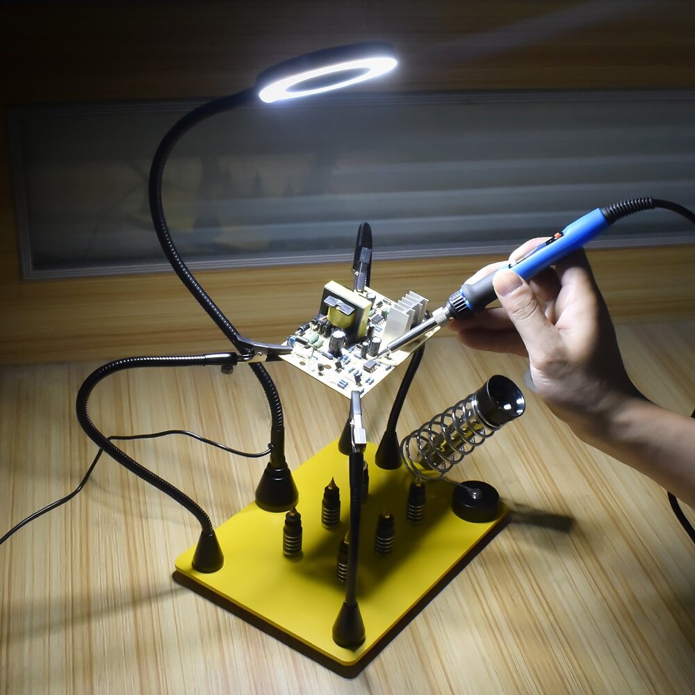 Newacalox magnetic base soldering welding third hand pcb holder with 3x led illuminated magnifier lamp welding tool kit