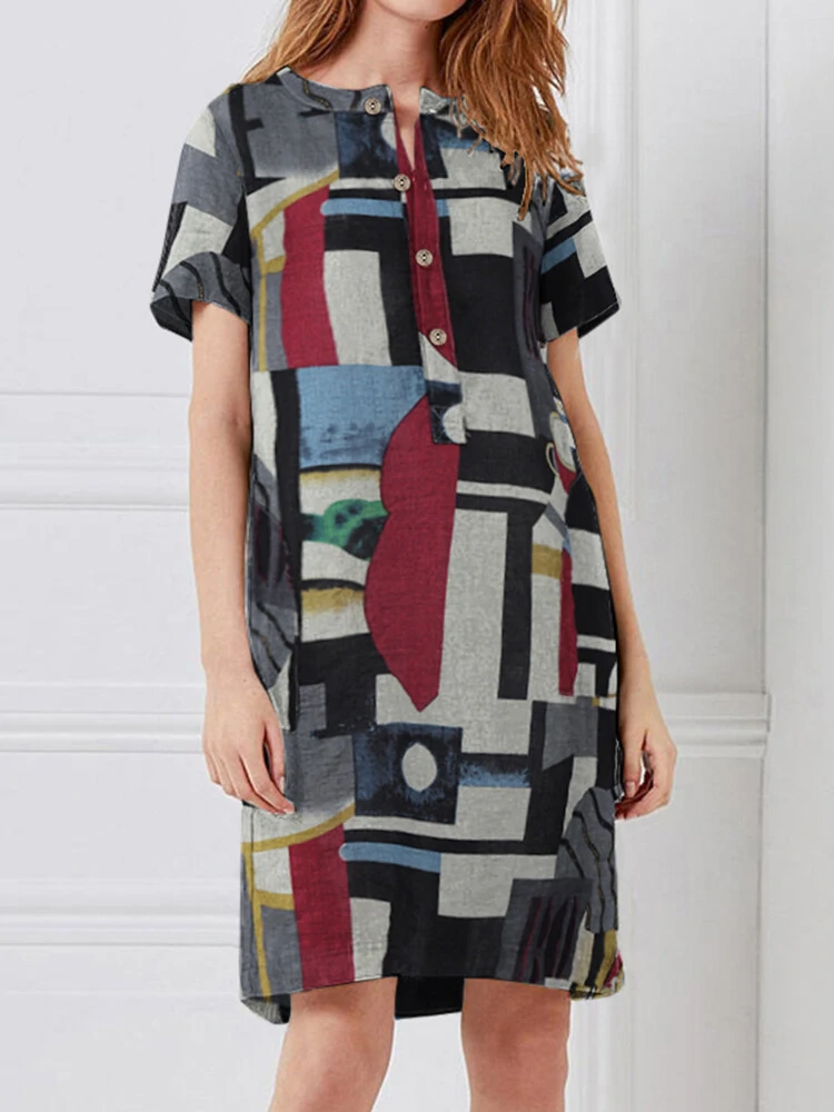 Women geometry print short sleeve vintage dresses with pockets