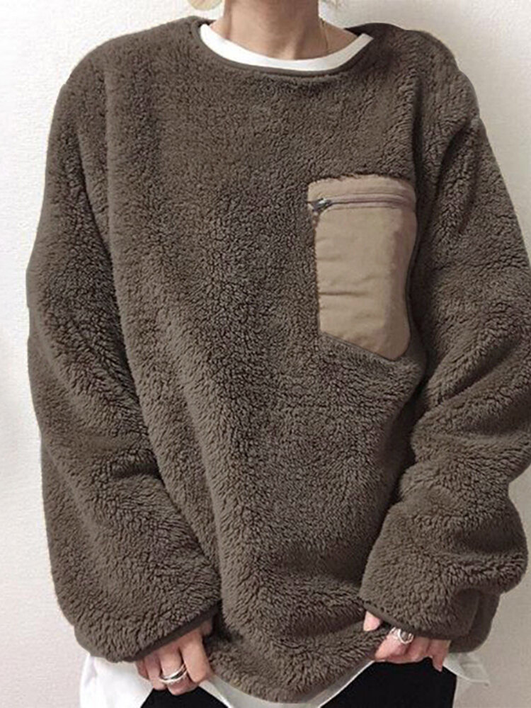 Casual Patchwork Pocket Wollen Pluche Comfortabel Sweatshirt voor Dames