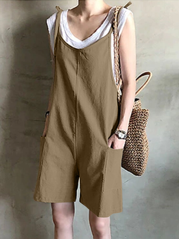 100% Cotton O-Neck Loose Sleeveless Jumpsuits For Women