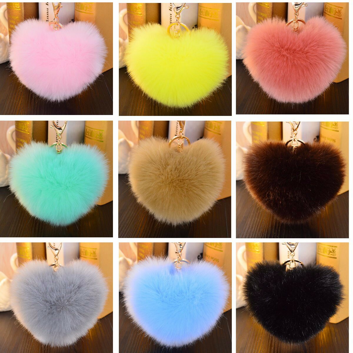 Jassy Faux Rabbit Fur Ball Plush Heart Keychain Metal Bag Charm
