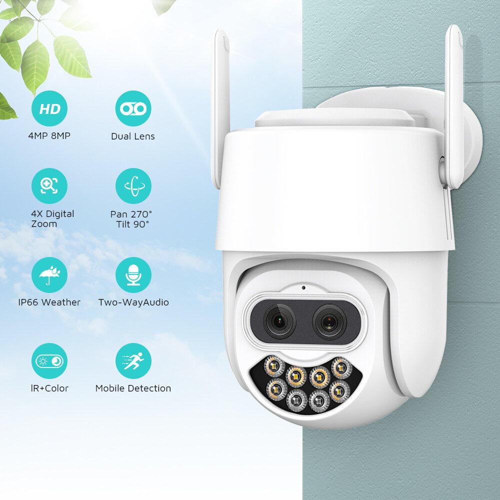 4MP+4MP WiFi Camera 8X Digital Zoom AI Human Detection Two-way Audio Outdoor IP66 Waterproof CCTV Video Surveillance Cam
