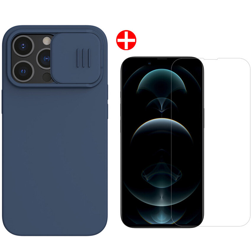 Nillkin for iPhone 13 Pro Max Case Blue Smooth Shockproof with Slide Lens Protector Soft Liquid Silicone Rubber Protecti
