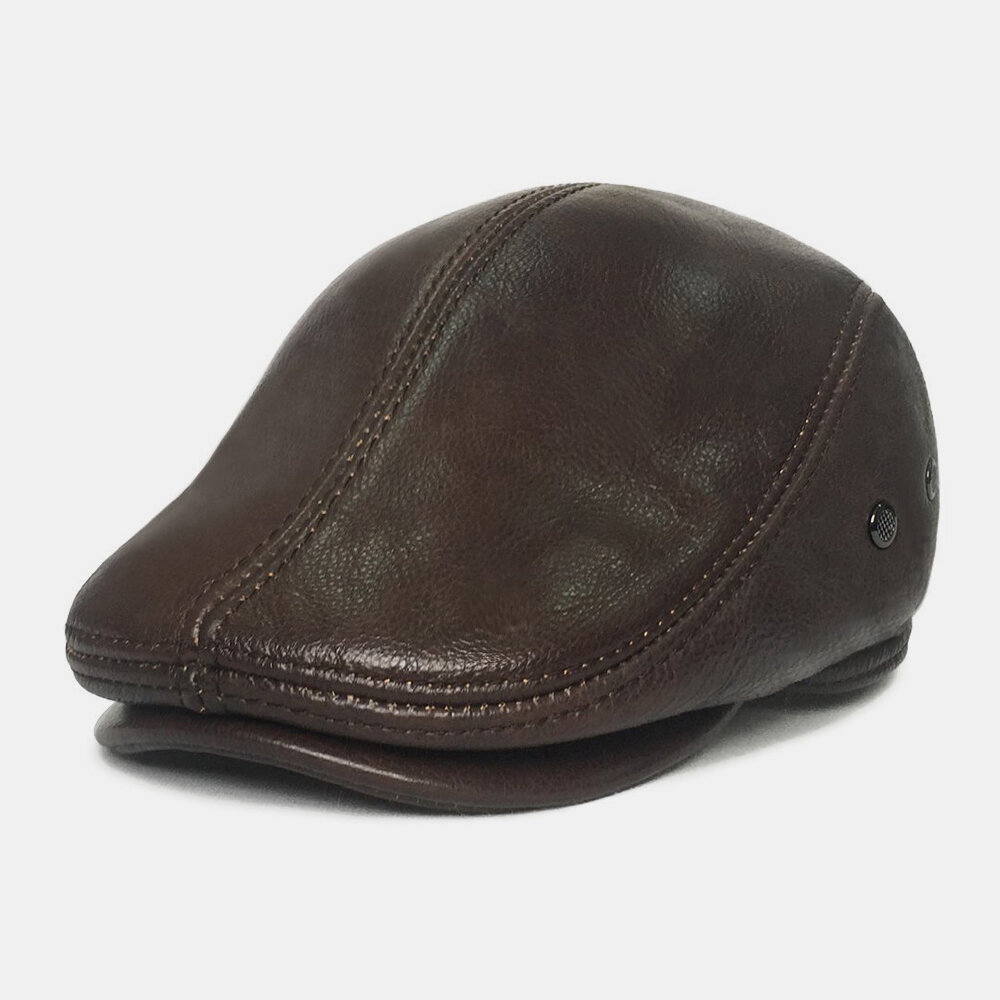 

Banggood Design Men Genuine Leather Retro Casual Solid Color Neck Protection Leather Forward Hat Beret Hat
