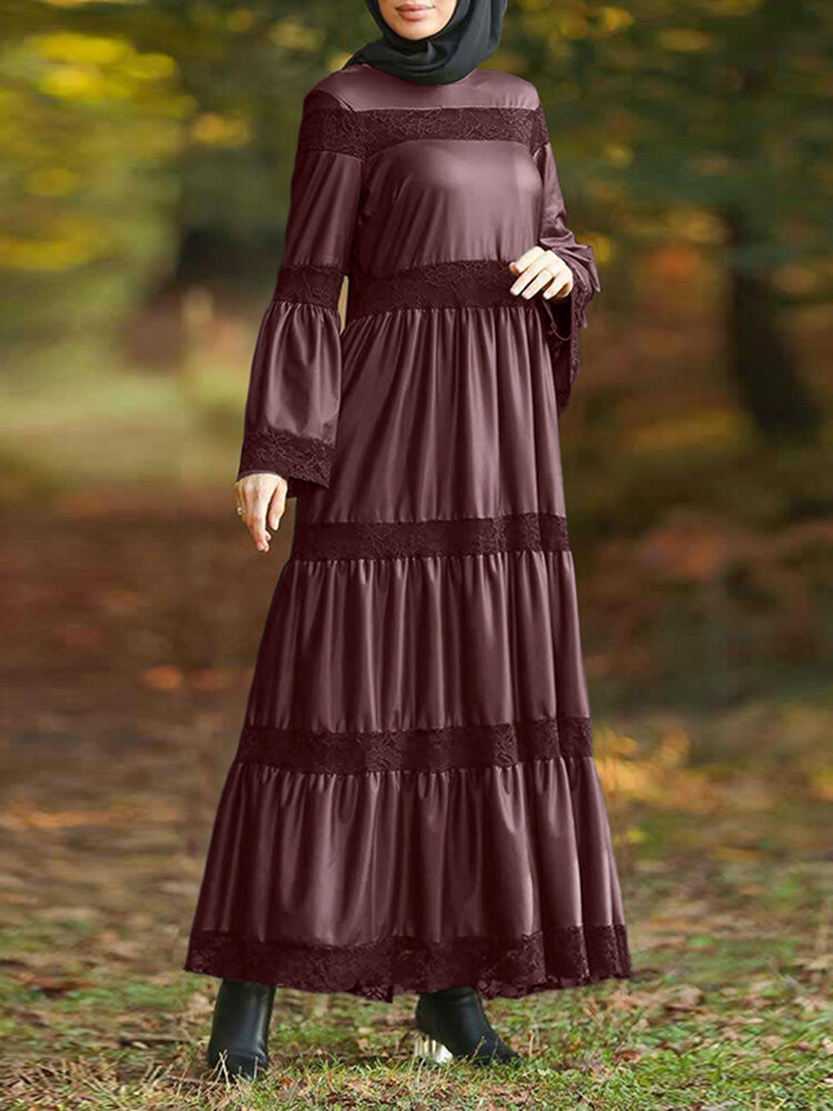 Dames effen kleur kanten patchwork lange mouw Vintage splicing maxi-jurk