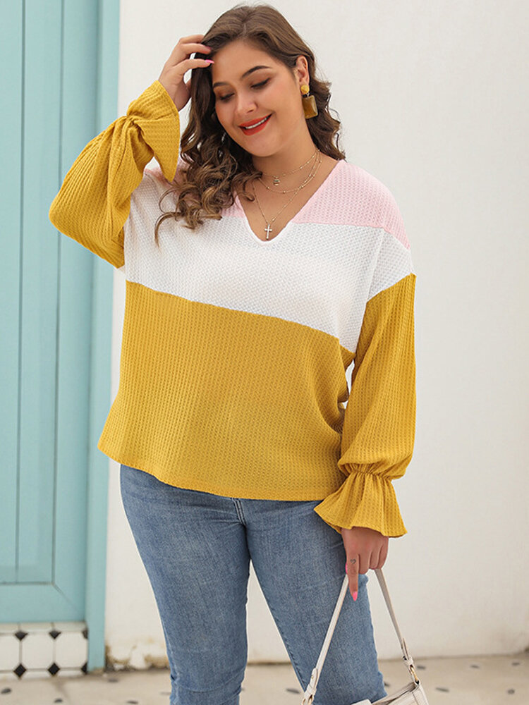 Plus Size Long Sleeve V-neck Color Block Causal Blouse Knit Sweaters For...