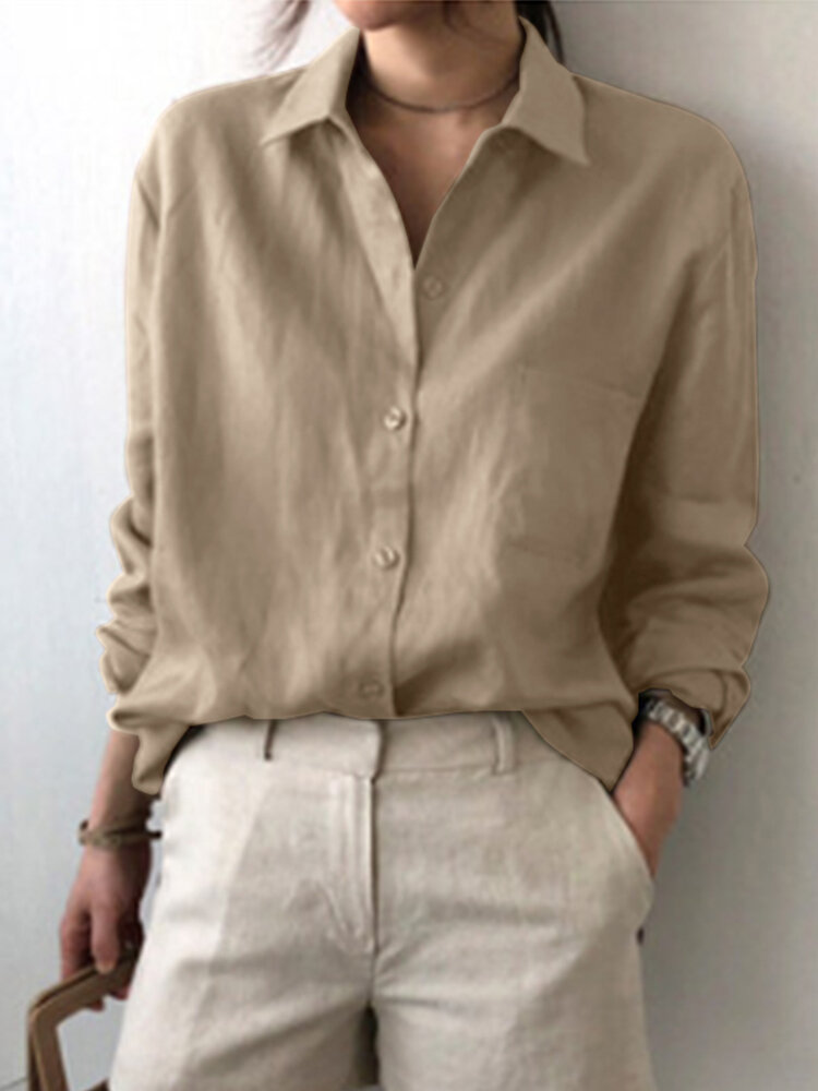 Women Solid Color Lapel Casual Long Sleeve Shirts With Pocket