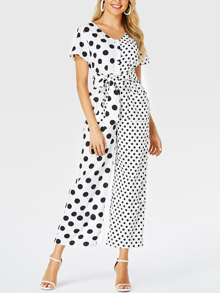 Women Polka Dots Print Patchwork Knotted Short Sleeve Casual Jumpsuit With Pocket