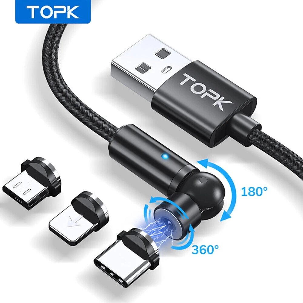 

[4Pcs Black] TOPK AM68 3 In 1 Magnetic Cable 540° Rotation Elbow LED Indicator Fast Charging Data Transmission Cord Line