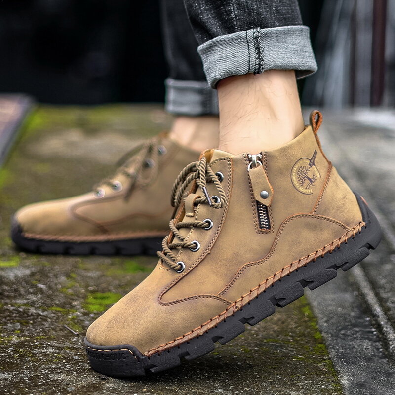Men Leather Hand Stitching Breathable Soft Sole Brief Pure Color Zipper Lace Up Casual Shoes