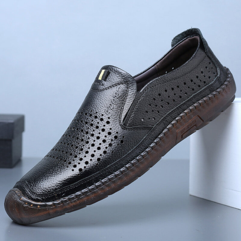 

Men Cowhide Hollow Out Breathable Hand Stitching Soft Bottom Slip On Closed Toe Casual Shoes