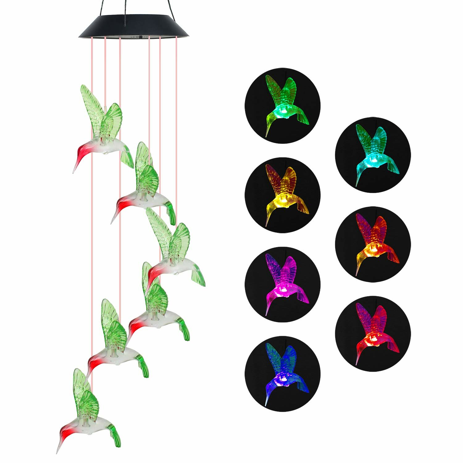 LED Solar Light Waterproof Outdoor Hanging Colorful Hummingbird Bell Light Windgong Lamp Decor