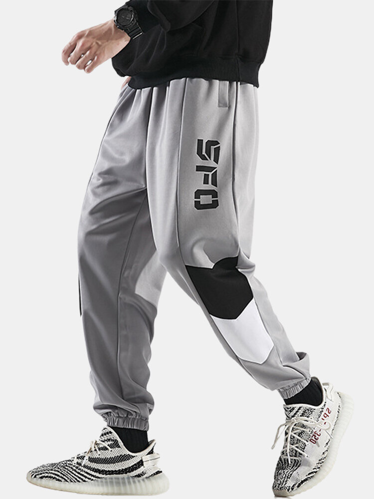 

Mens Letter Print Stitching Cotton Drawstring Cuffed Jogger Pants With Pocket