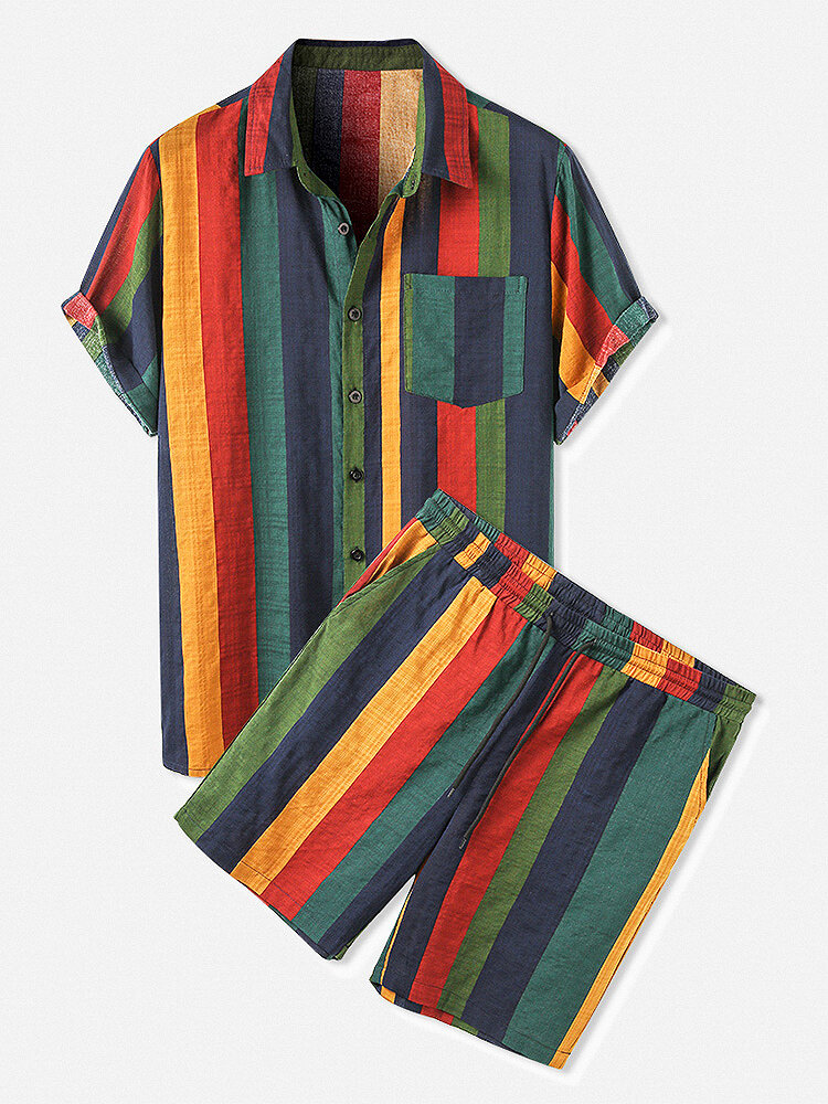 Mens Cotton Colorful Stripe Patch Pocket Breathable Short Sleeve Shirt & Shorts Co-ord