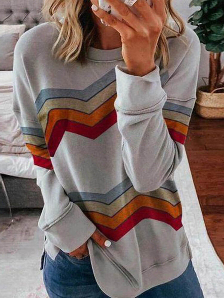 Women Colorful Chevron Print Pullover Long Sleeve Casual Sweatshirts