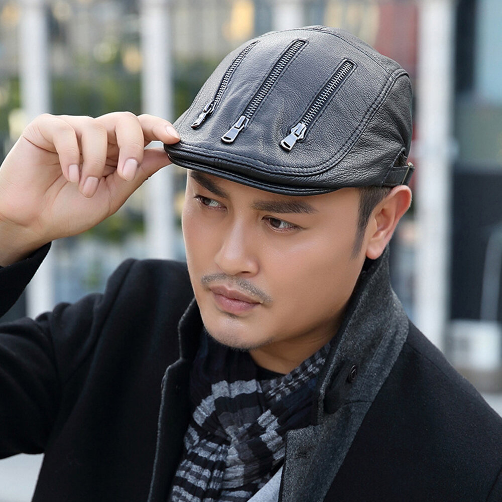 Men's Single Skin Thin Section Sheepskin Beret Hats Youth Leather Hats Middle-aged Adjustbale Beret 