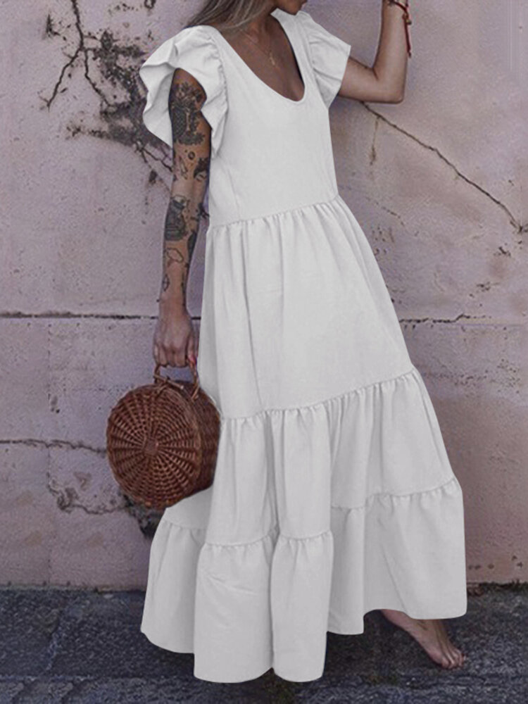 Women Solid Color Ruffles Sleeve Bohemian Casual U-Neck Layered Tiered Dress