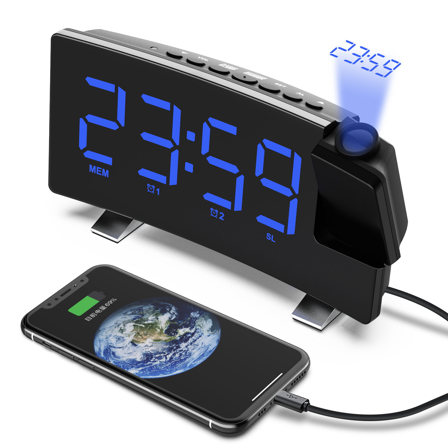 Στα 22.25 € από αποθήκη Κίνας | AGSIVO 8 Inch Projection Alarm Clock with 180° Rotatable Projector / FM Radio / Snooze / 3-Level Brightness Dimmer / Curved Clear LED Display / USB Charger For Bedroom Living Room