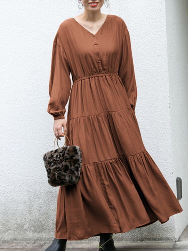 Women V-Neck Pleated Solid Color Long Sleeve Elegant Maxi Dresses