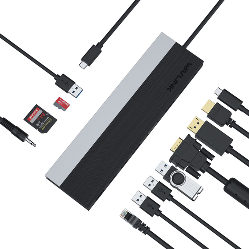 

Док-станция Wavlink 12 в 1 Type-C Двойная 4K HDMI-совместимая / DP / VGA / Gigabit Ethernet / 100 Вт PD / SD / TF / 3,5