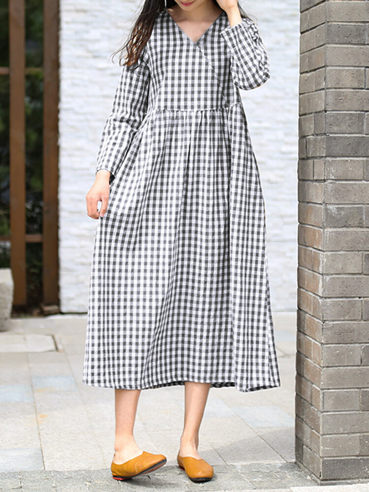 Women Classic Plaid Korean Style Daily Long Sleeve Dress