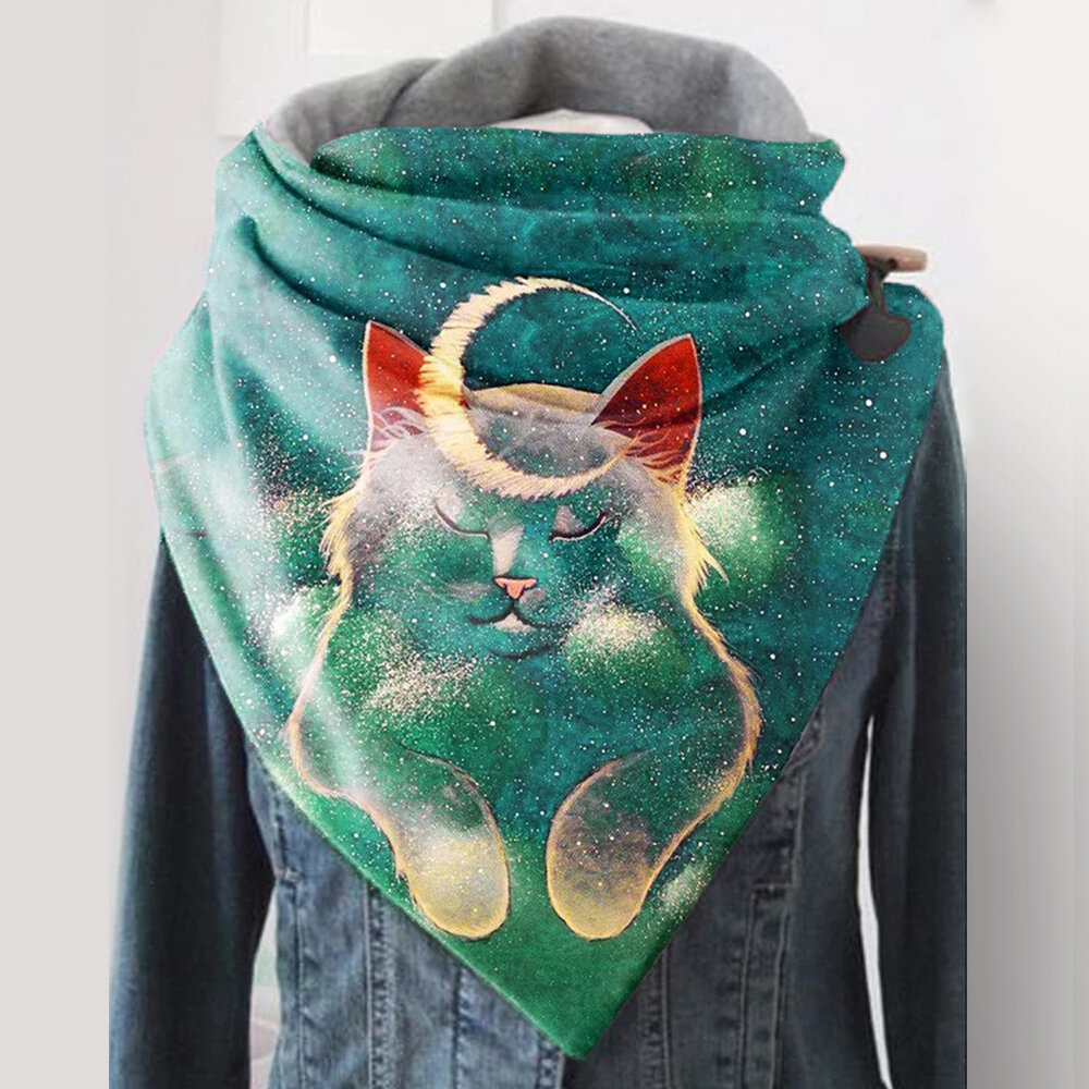 Women Cute Napped Cat And Moon Pattern Thick Soft Neck Protection Keep Warm Scarf