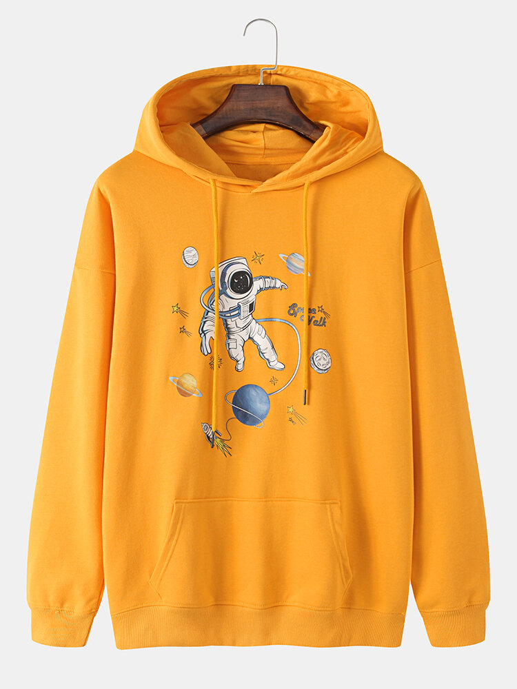 

Mens Planet Astronaut Print Cotton Overhead Hoodies With Kangaroo Pocket