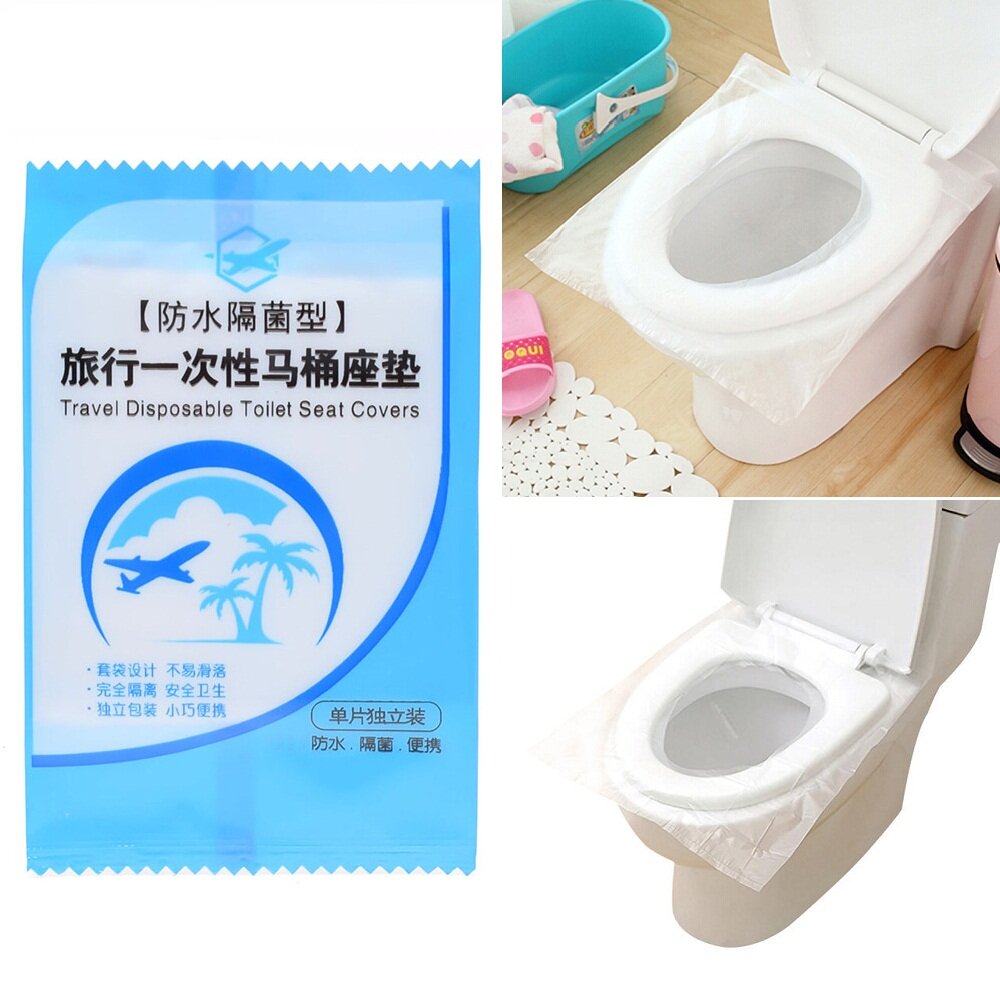 50 шт. одноразовых накладок на унитаз из водонепроницаемого ПЭ, предотвращающих контакт с поверхностью сиденья туалета при поездках и кемпинге.