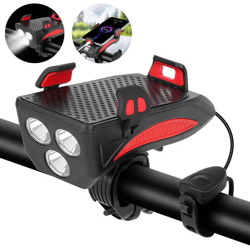 4In1 Bicycle Phone Holder LED Bike Headlight USB Power Bank with Horn Waterproof 