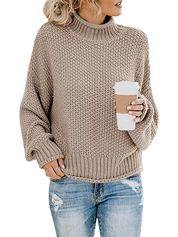 Casual Loose Long Sleeve High Collar Solid Color Pullover Sweaters For Women