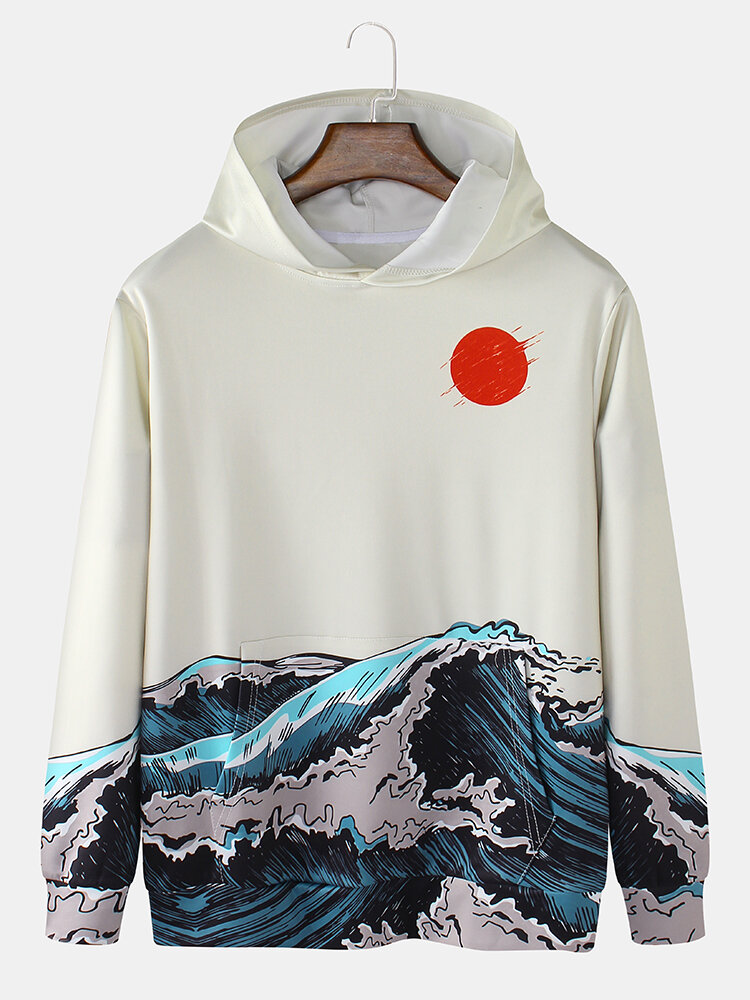 Heren Ukiyoe-hoodies met zee-landschapprint, zak met lange mouwen
