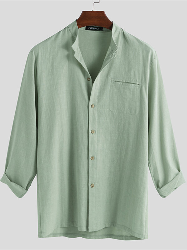 Mens Fashion 100% Cotton Pocket Solid Color Casual Shirts