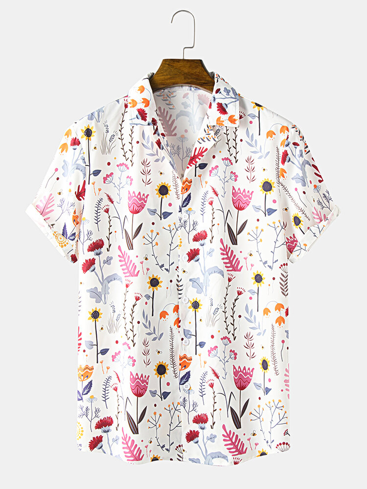

Mens Flower Print Revere Collar Short Sleeve Shirt