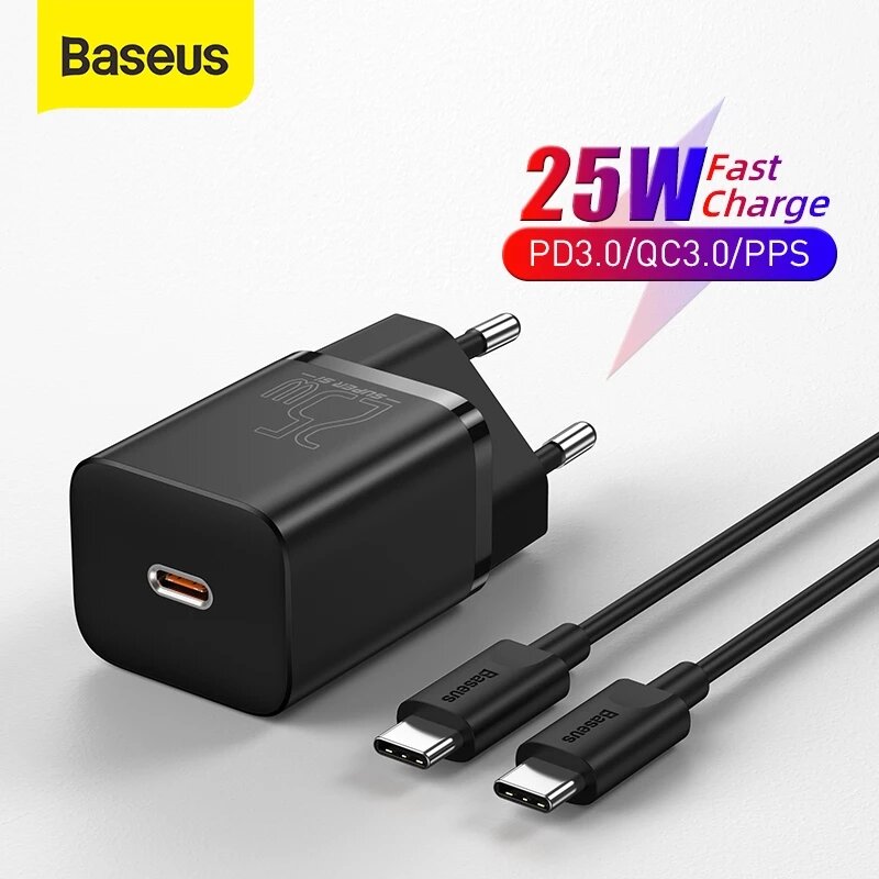 Baseus 25W Super Si Type-C Mini PPS PD3.0 QC3.0 Fast Charger Wall Charger EU Plug Adapter With 3A Type-C to Type-C Cable for iPhone 12 12 Mini 12…