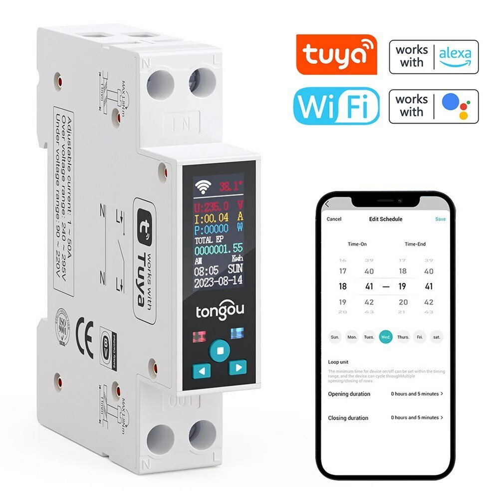 Tongou Tuya Wifi 35mm DIN RAIL Switch Intelligent Meter Circuit Breaker LED Energy Meter KWh Power Timer Relay APP Contr