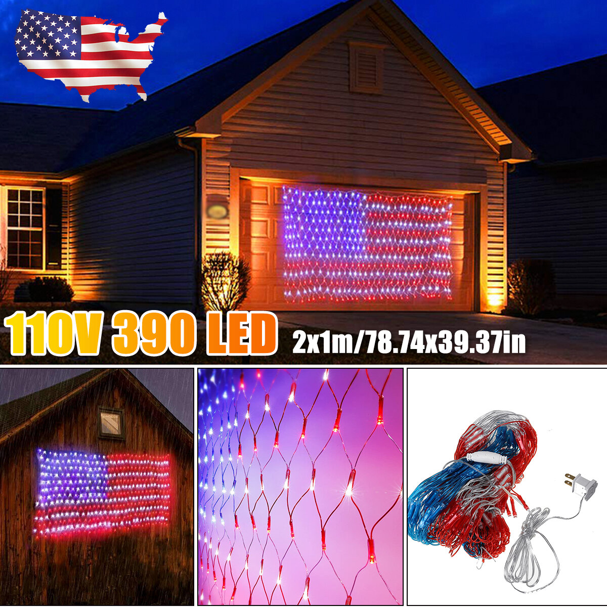 

AC110V 2m*1m American Flag Net Lamp Waterproof 390LED String Light Outdoor Yard Home Holiday Decoration