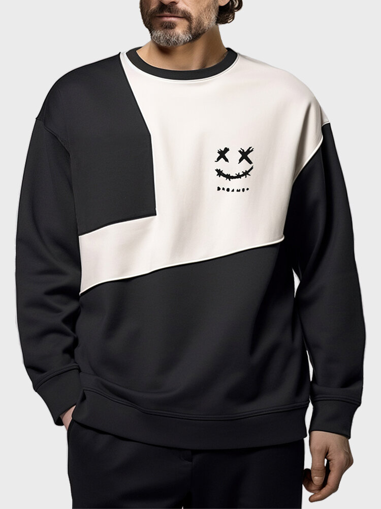 

Mens Smile Face Print Contrast Patchwork Crew Neck Pullover Sweatshirts