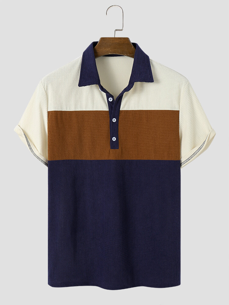 

Mens Colorblock Patchwork Half Button Corduroy Short Sleeve Golf Shirts