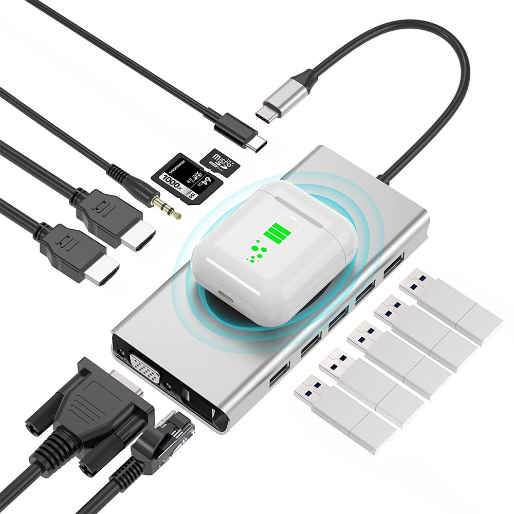 

Pobod 14 in 1 Type-C Docking Station with Wireless Charger USB3.0*3 USB2.0*2 PD100W USB-C 4K@30Hz HDMI*2 VGA RJ45 SD/TF