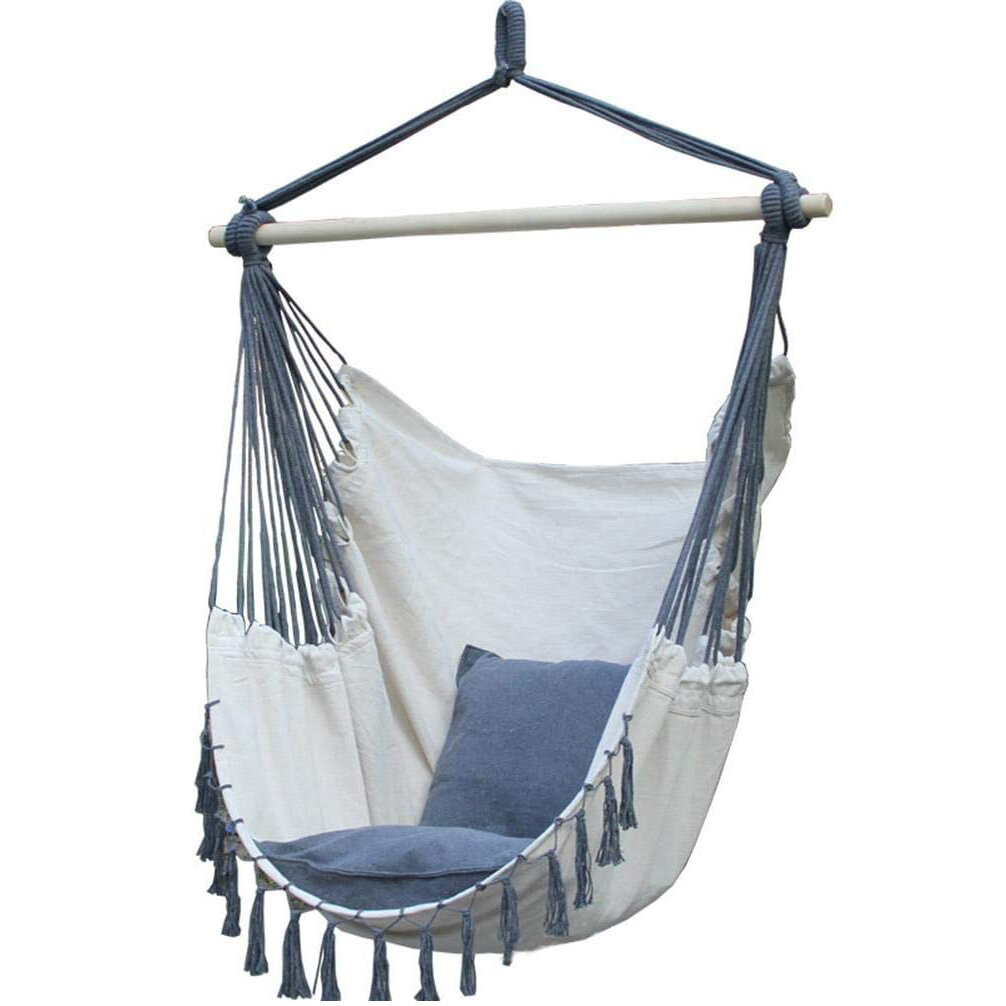 Outdoors Tassel Hammock Chair with Wood Bar Large Cotton Rope Hanging Chair Swing for Patio Porch Bedroom Backyard