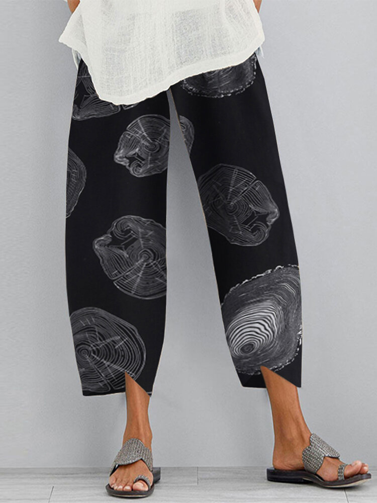 Casual Loose Elastic Waist Print Side Pocket Pants For Women