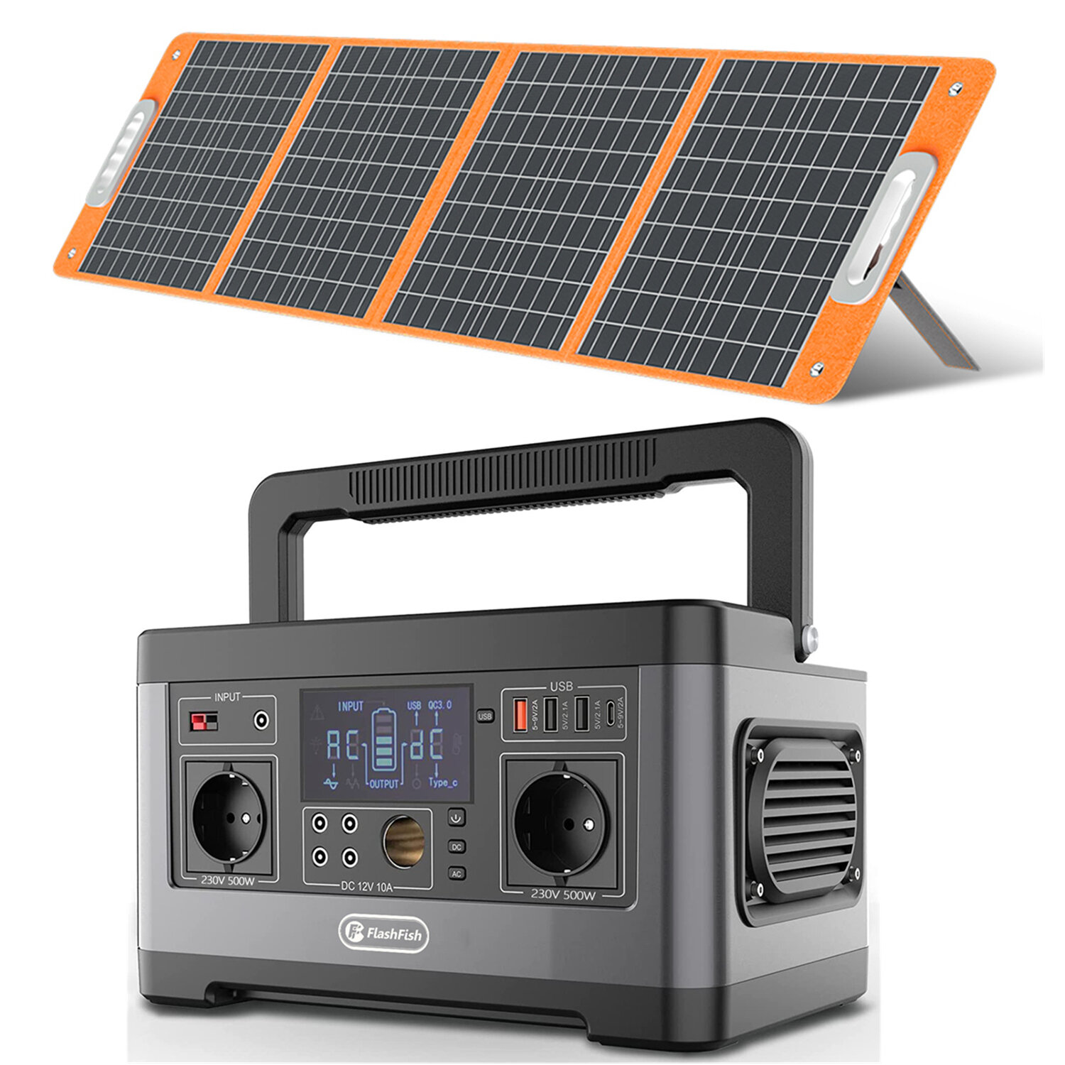 [EU Direct] FlashFish P63 500W Портативная солнечная энергостанция с 100W складной солнечной панелью Набор аварийного солнечного генератора для кемпинга, путешествий на RV