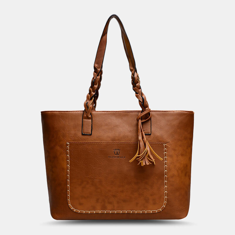 Women Tassel Decoration Tote Large Capacity Woven Handle Handbags Shoulder Bag