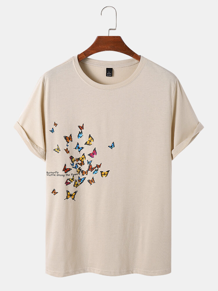 Men Butterfly Print Casual Crew Neck Short Sleeve Hem Cuff Soft T-Shirts