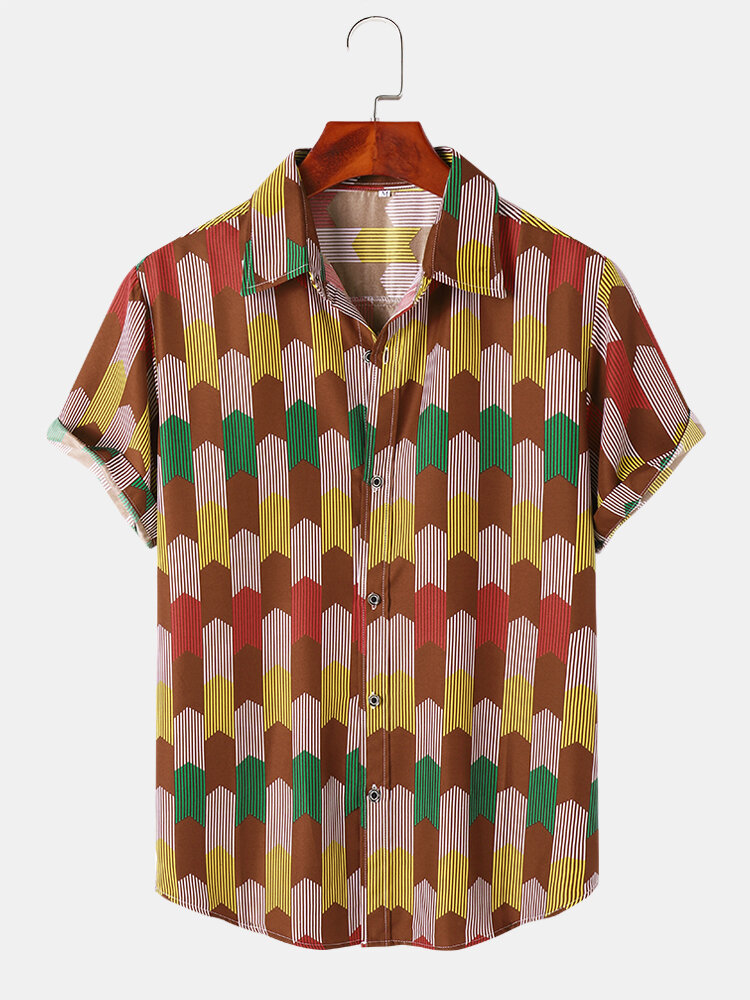 Heren geometrische en krijtstreep print revers korte mouw zoom manchet casual shirts